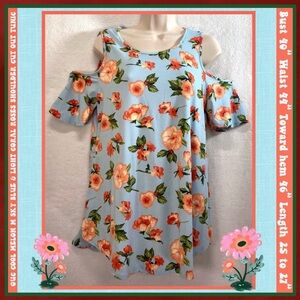 GUC M TUNIC SKY BLUE & LIGHT CORAL FLORAL PRINT SHOULDER CUTOUT~ COOL MELON